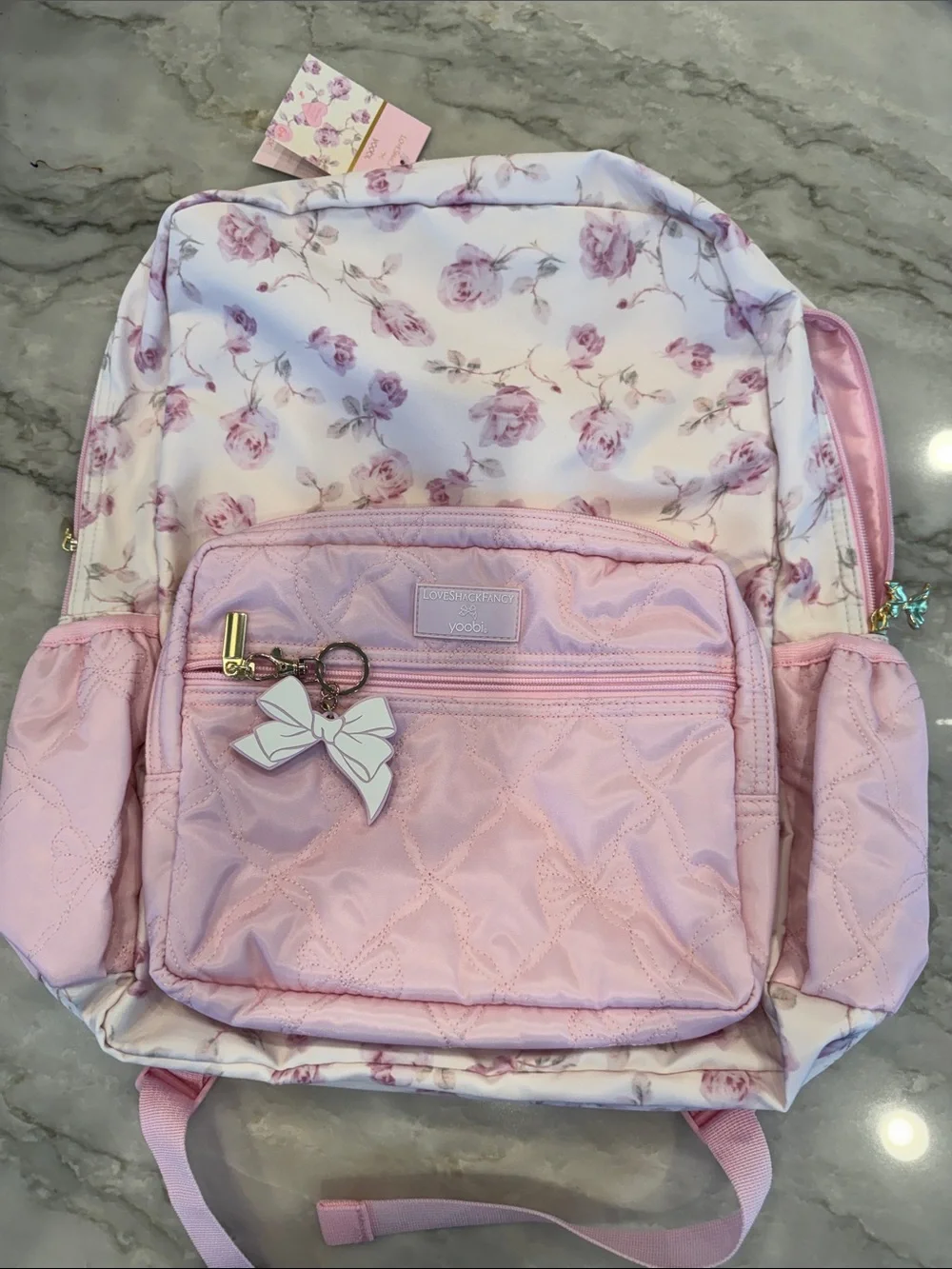 Pink Floral Kids Backpack with Bow Charm